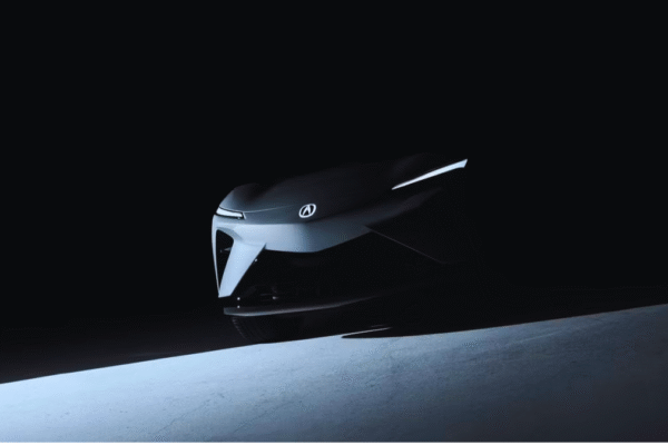 Front view of the Acura RSX Prototype EV with illuminated badge and slim LED lights